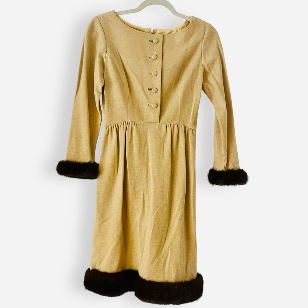 Vintage Junior Accent Jack Adams Tan Babydoll Dress Women's Sz 10 Black Fur READ